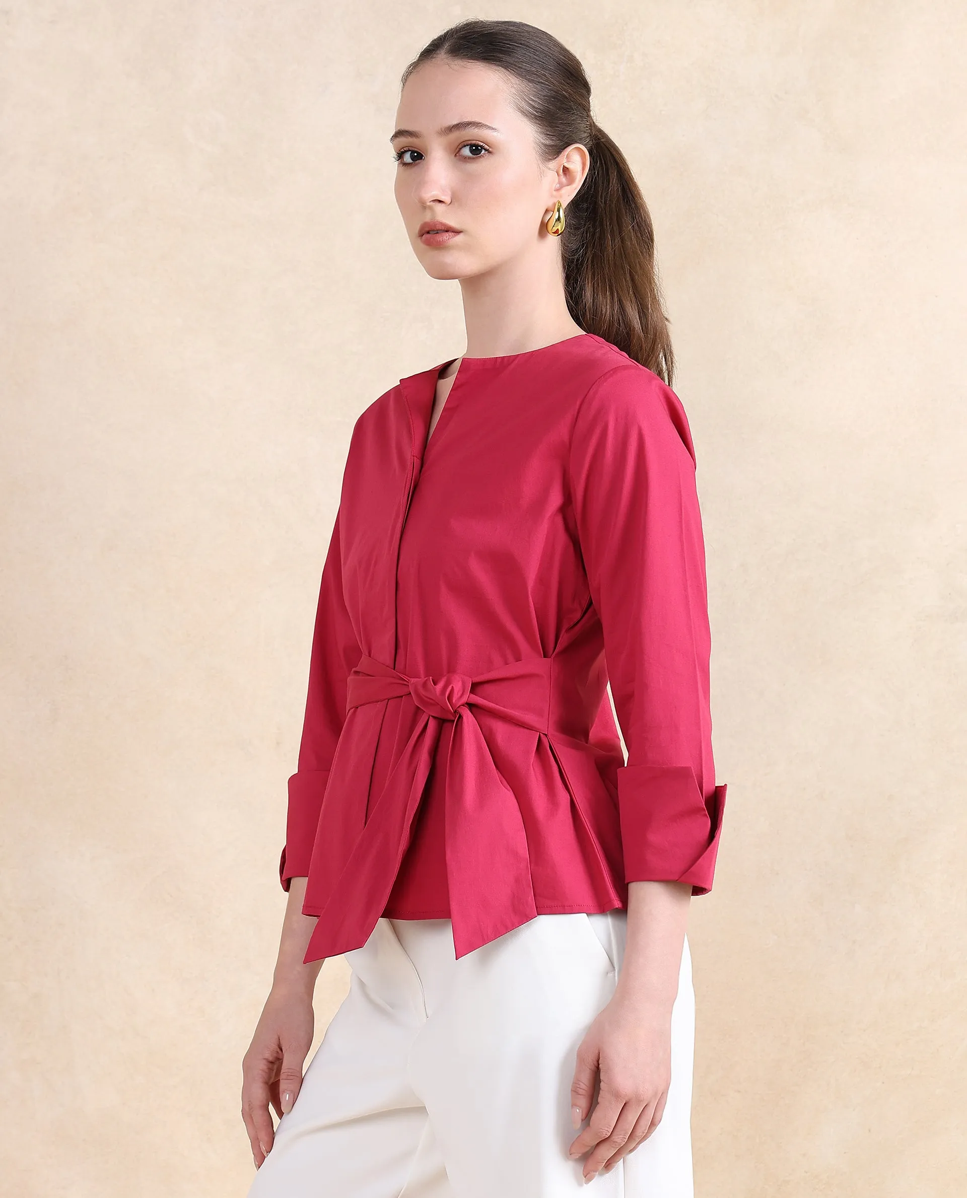 Rareism Women Medui Dark Pink Cotton Blend Fabric 3/4Th Sleeve Built Up Neck Button Closure Plain Top