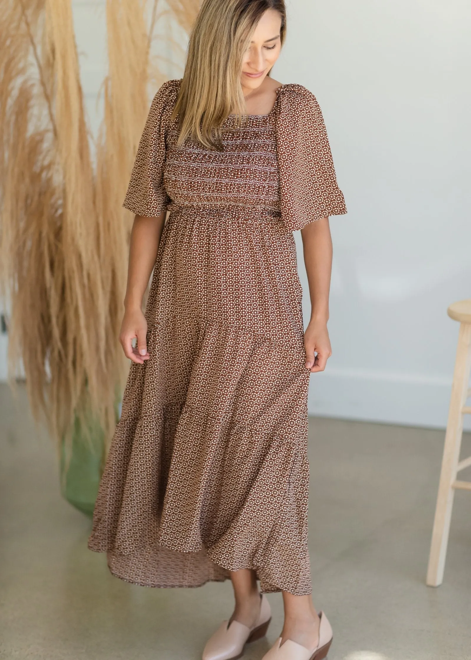 REDIRECT Smocked Square Neck Tiered Midi Dress