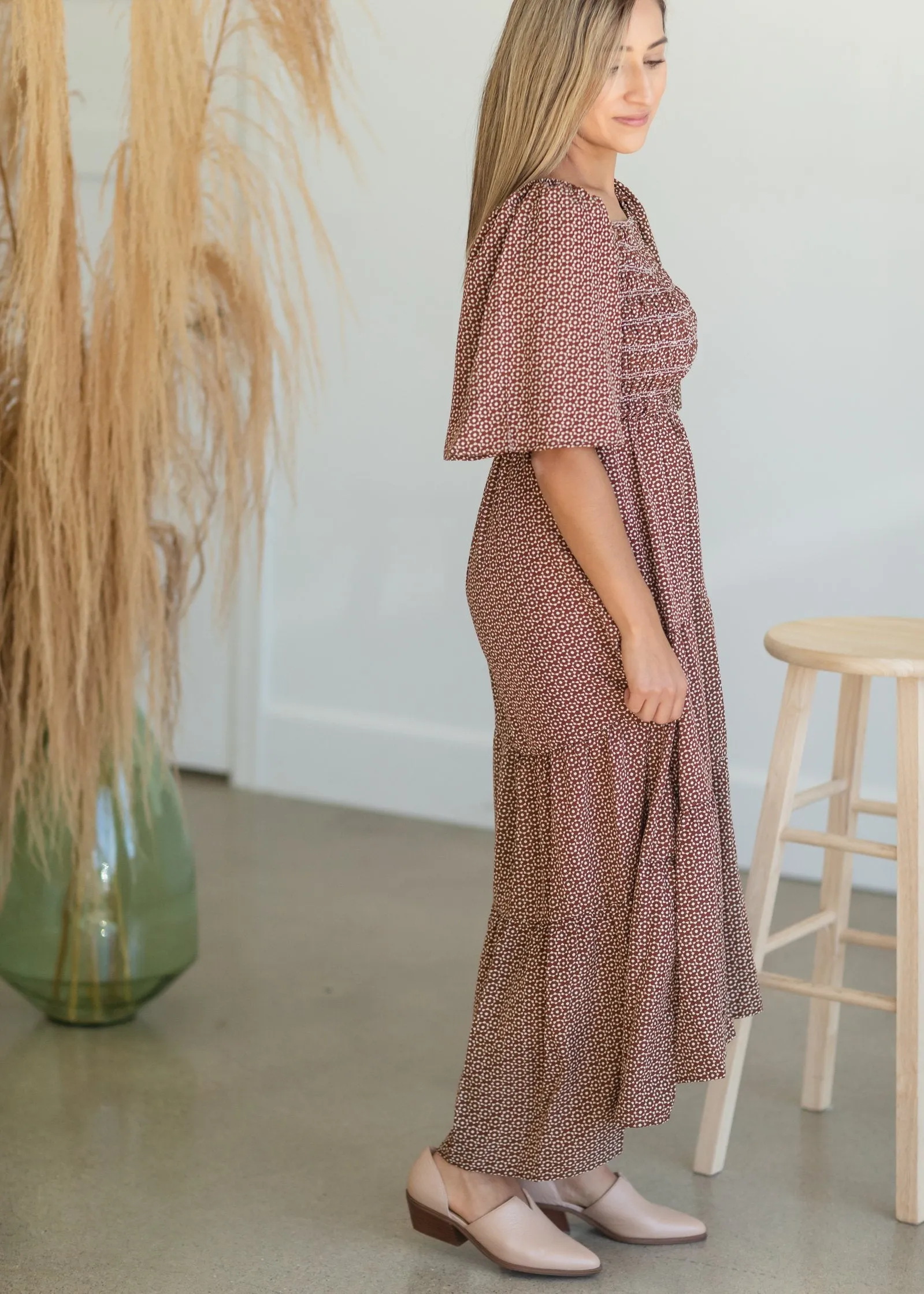 REDIRECT Smocked Square Neck Tiered Midi Dress