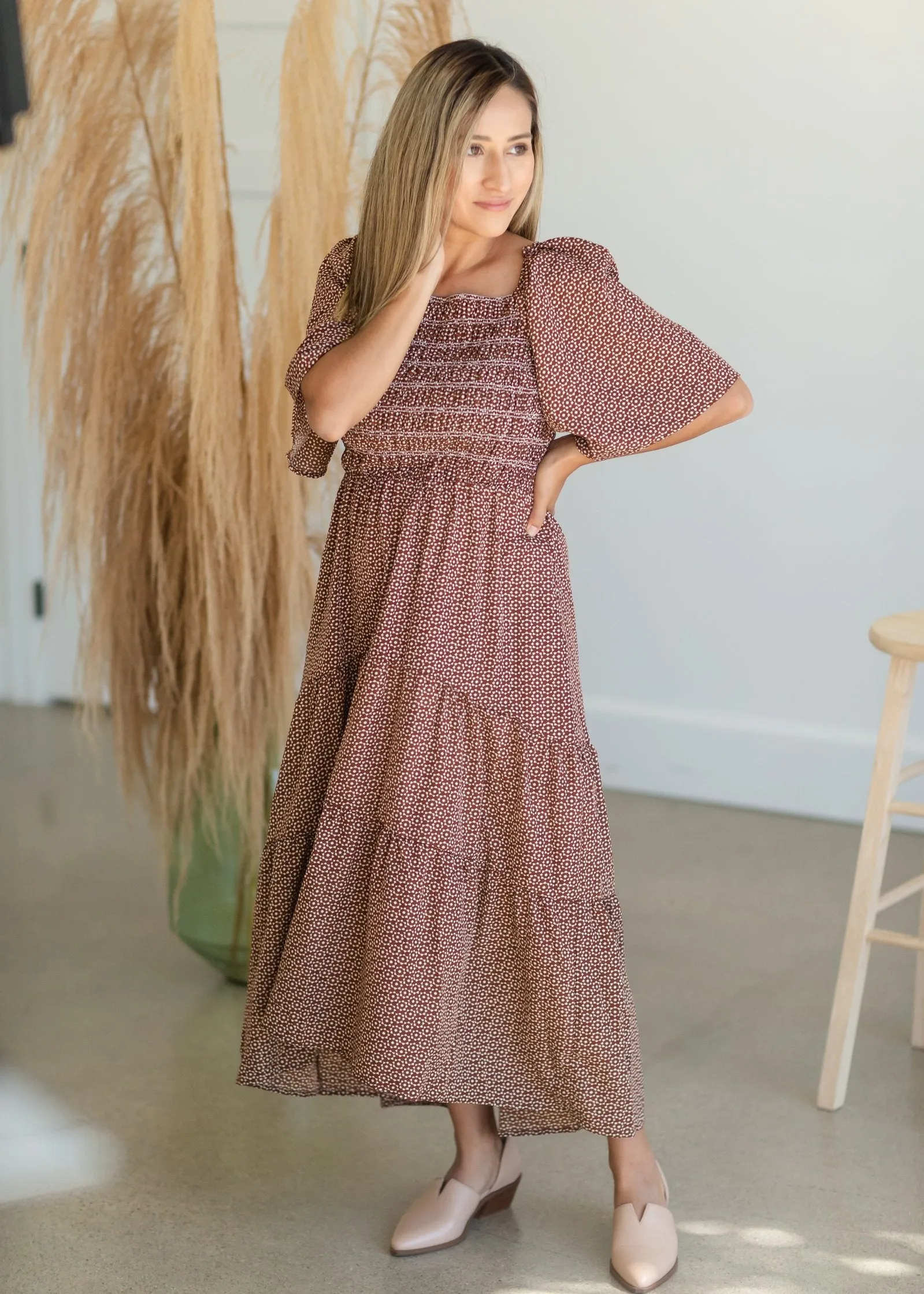 REDIRECT Smocked Square Neck Tiered Midi Dress