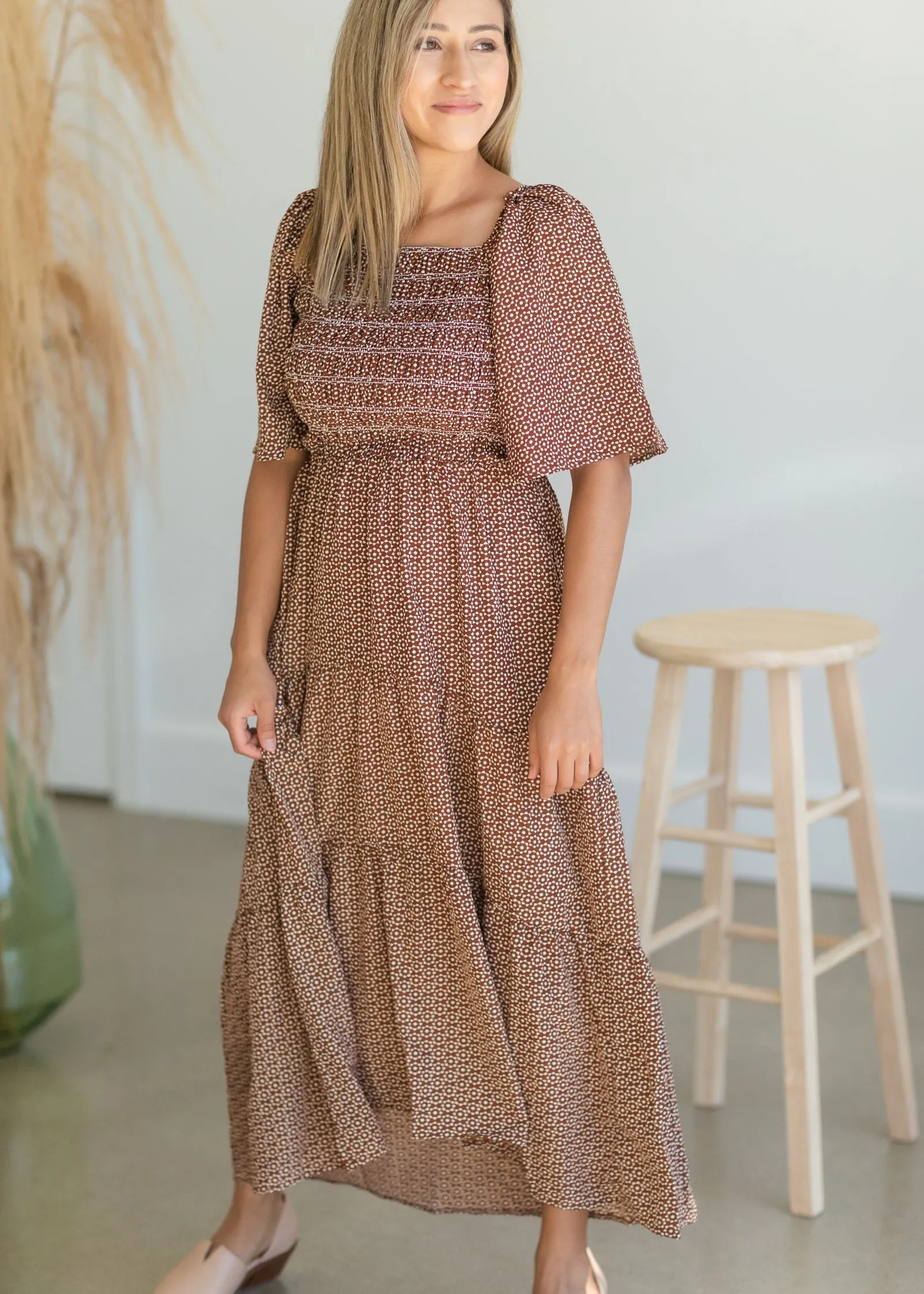 REDIRECT Smocked Square Neck Tiered Midi Dress