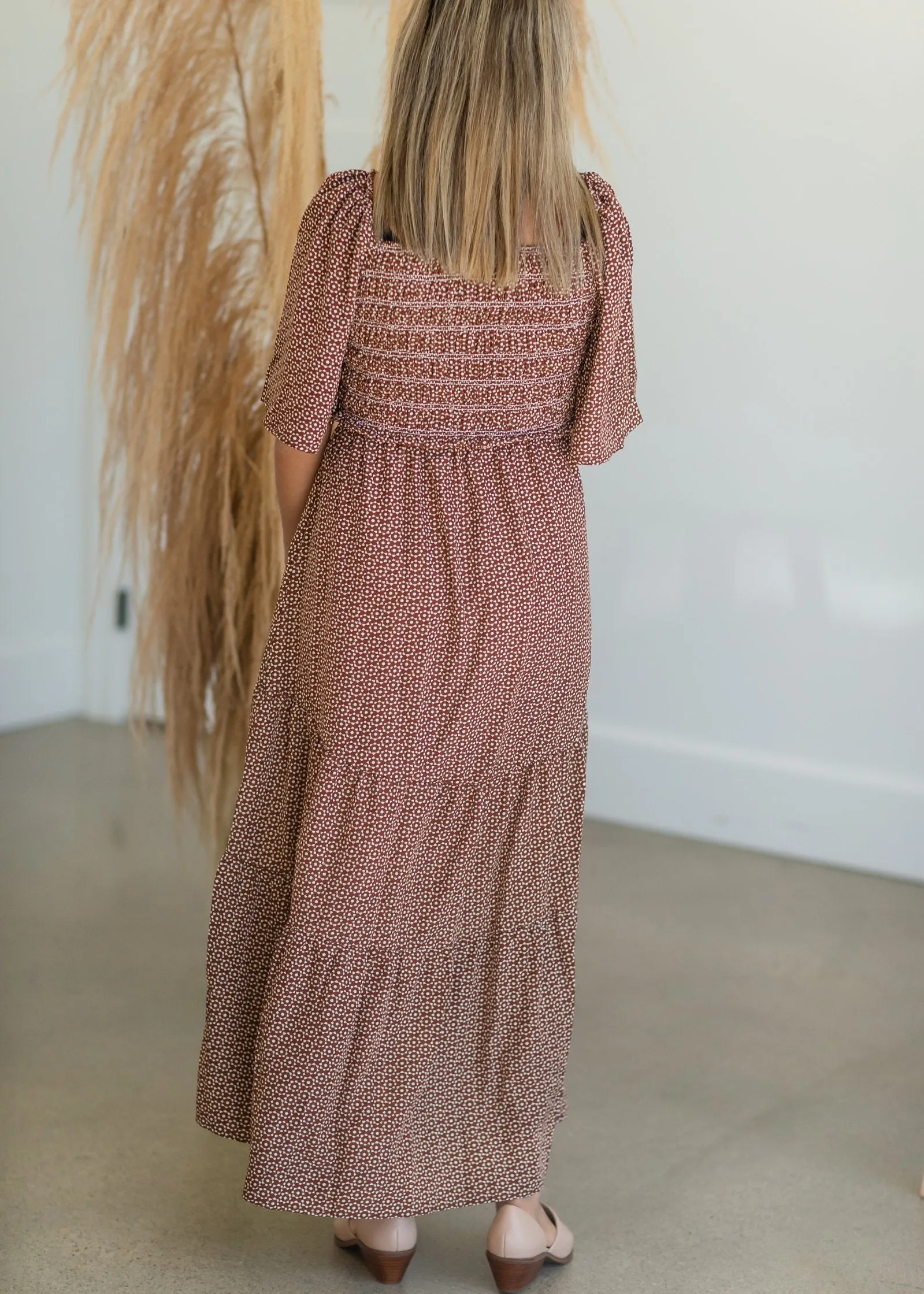 REDIRECT Smocked Square Neck Tiered Midi Dress