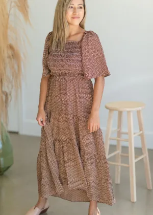 REDIRECT Smocked Square Neck Tiered Midi Dress