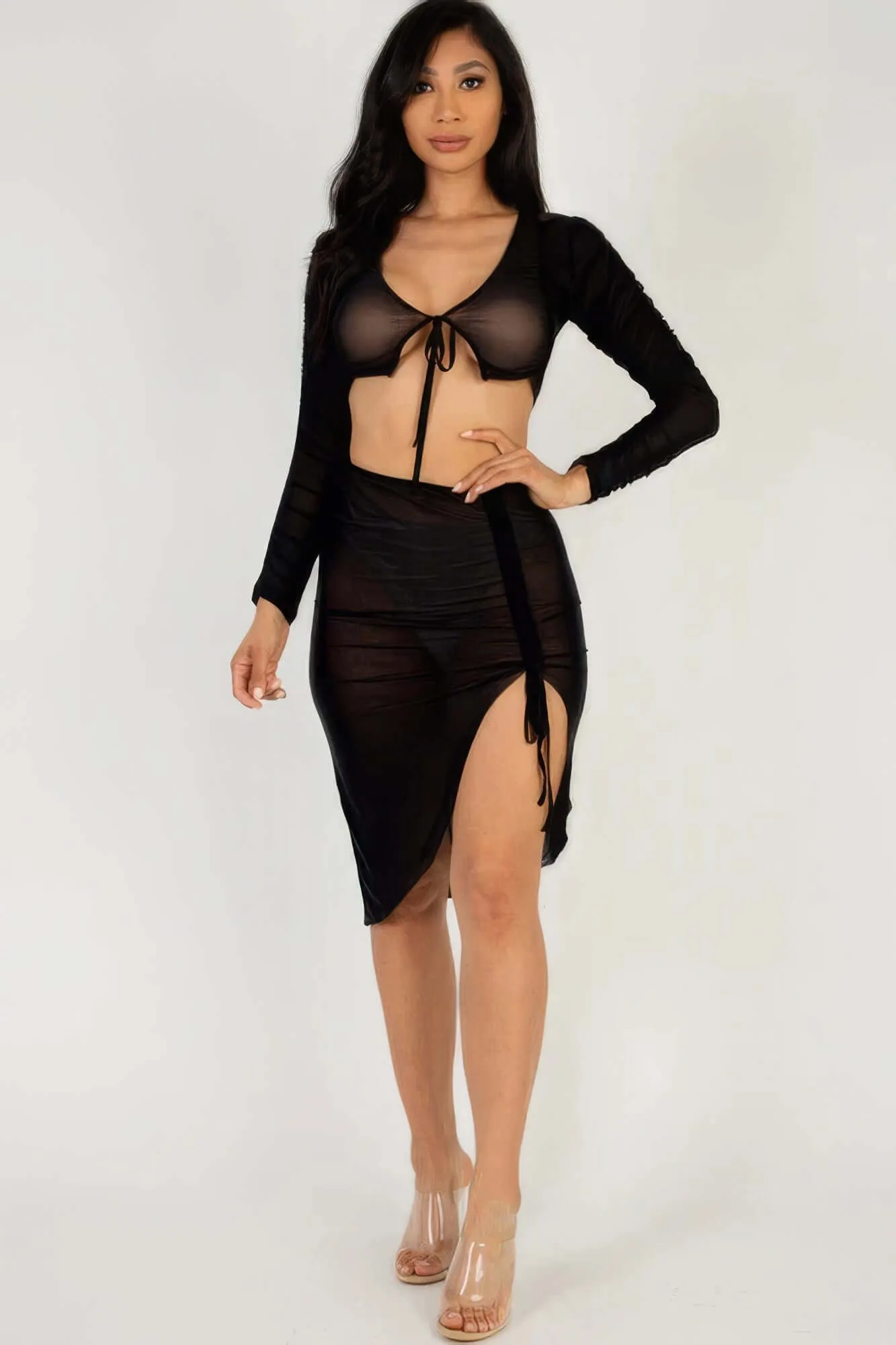 Sexy Sheer Mesh Drawstring Ruched Skirt