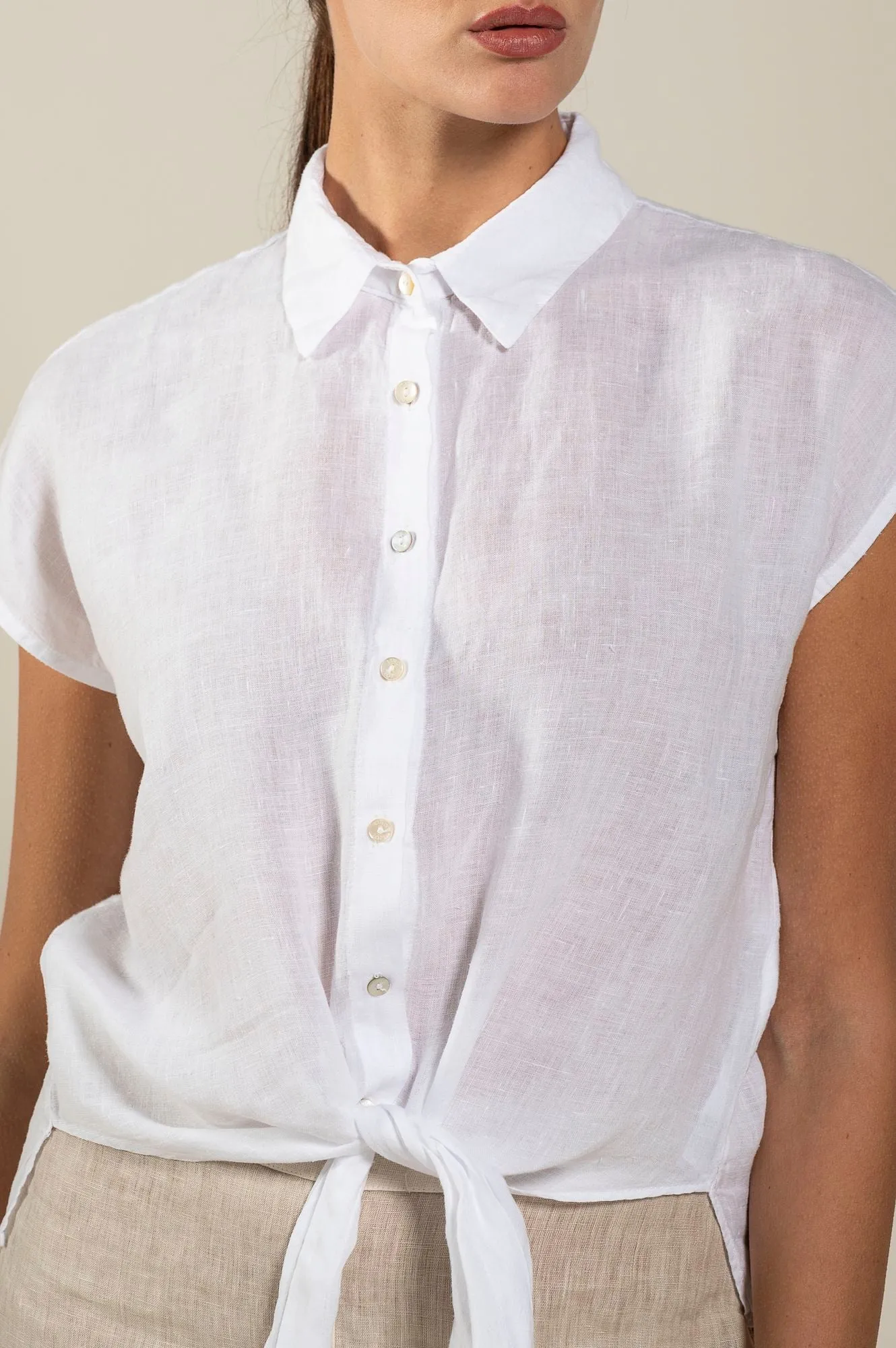 Short-Sleeve Linen Shirt with Front Tie