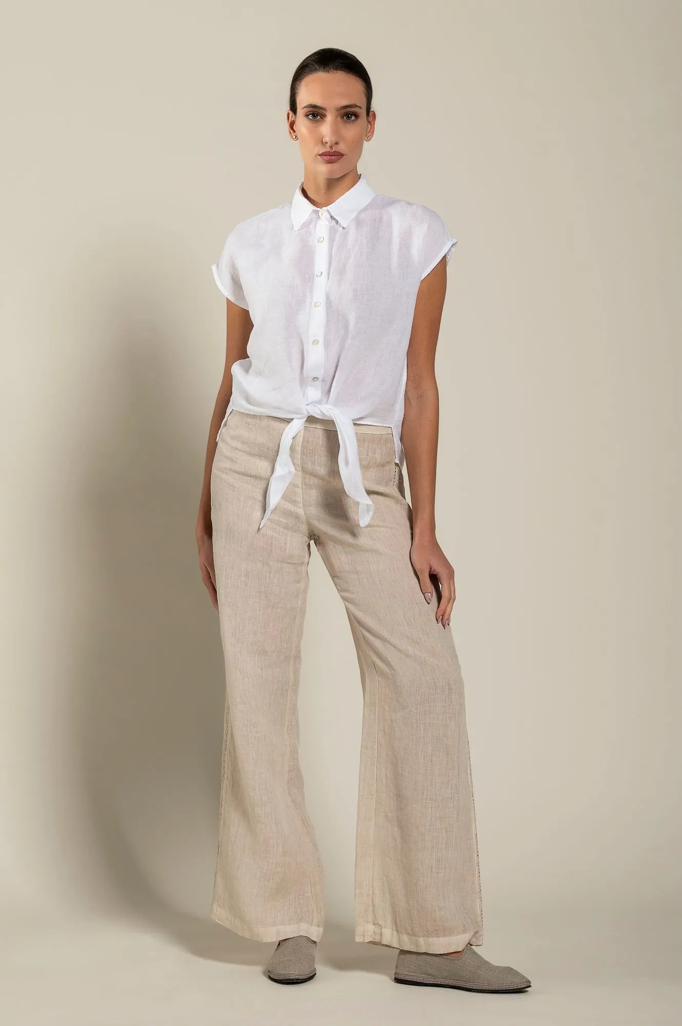 Short-Sleeve Linen Shirt with Front Tie