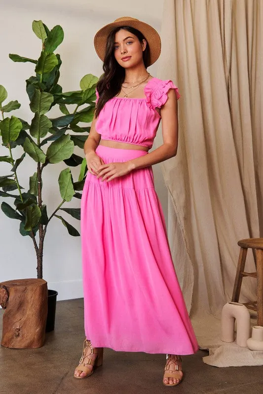 Smocked Back Waistband Ruffled Maxi Skirt