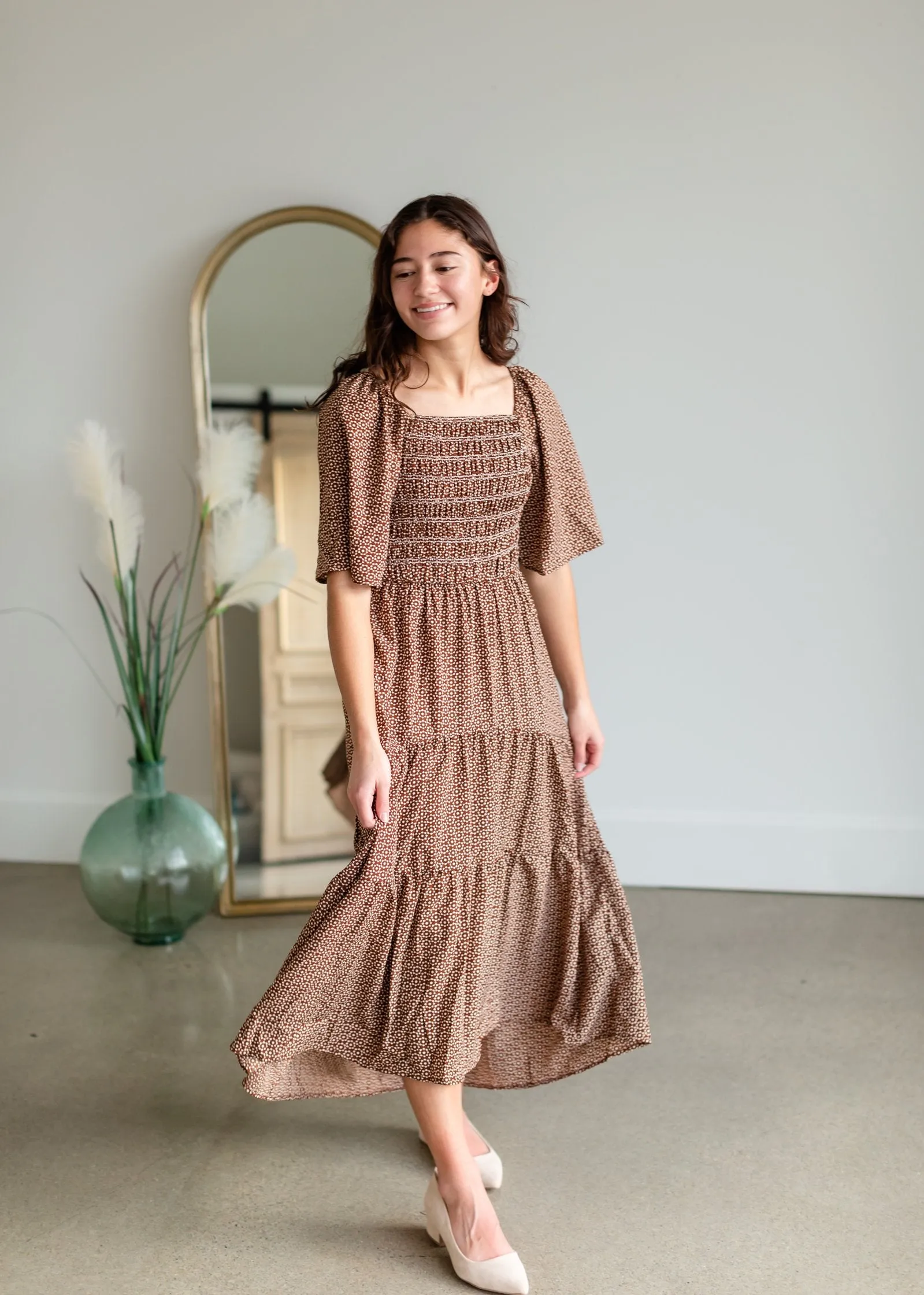Smocked Square Neck Tiered Midi Dress-FINAL SALE