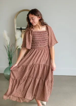 Smocked Square Neck Tiered Midi Dress-FINAL SALE