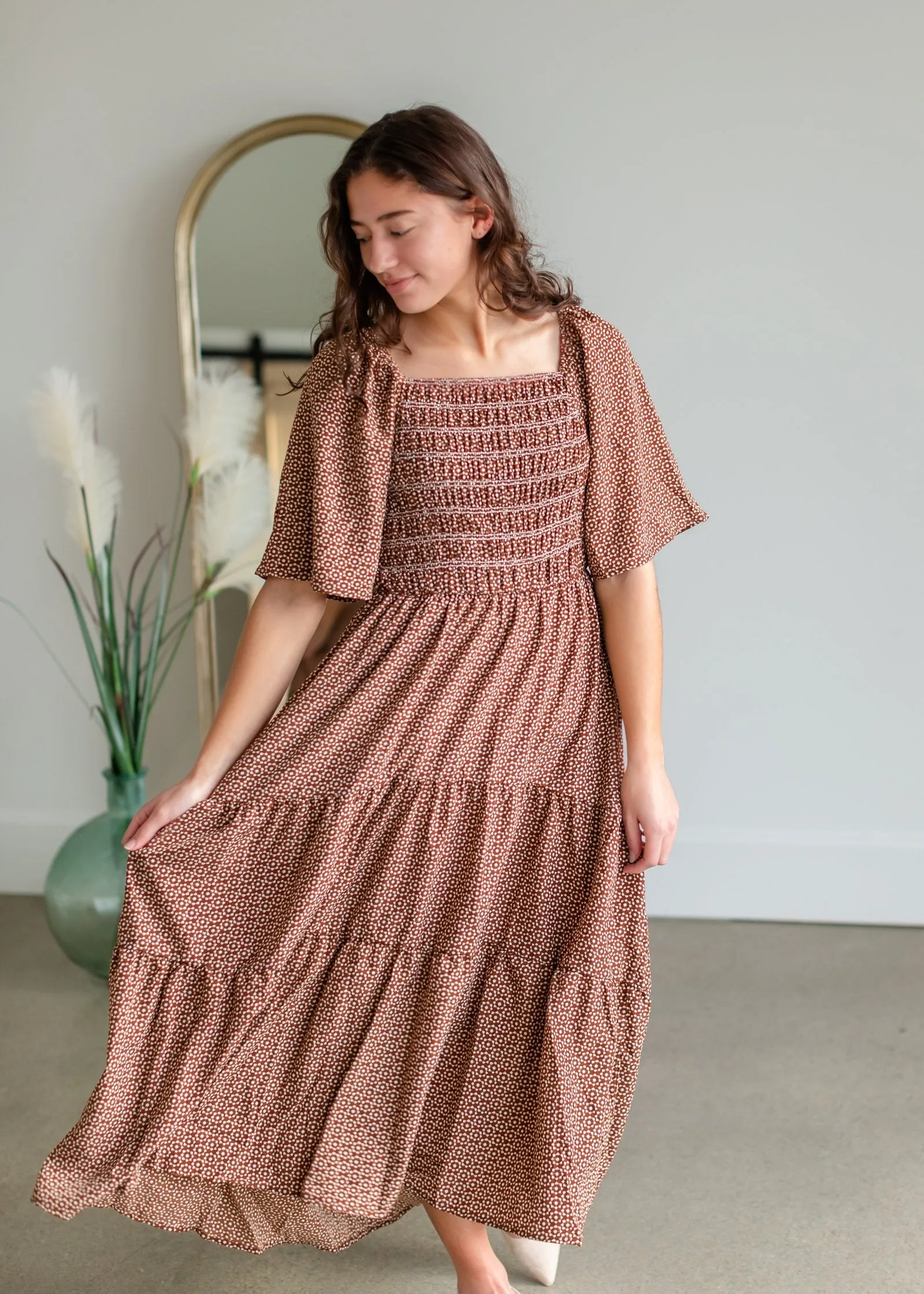 Smocked Square Neck Tiered Midi Dress-FINAL SALE