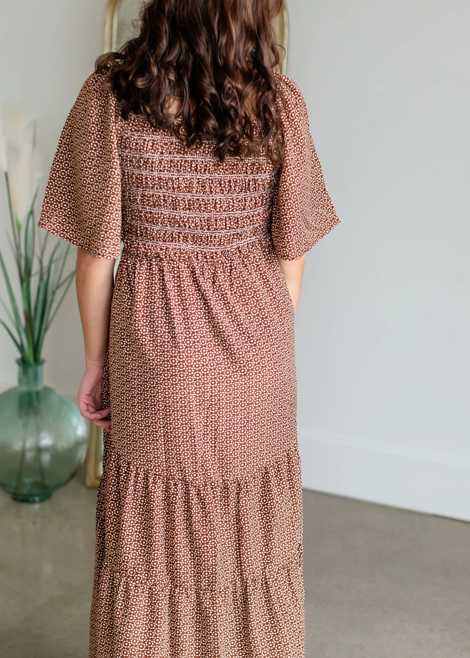 Smocked Square Neck Tiered Midi Dress-FINAL SALE