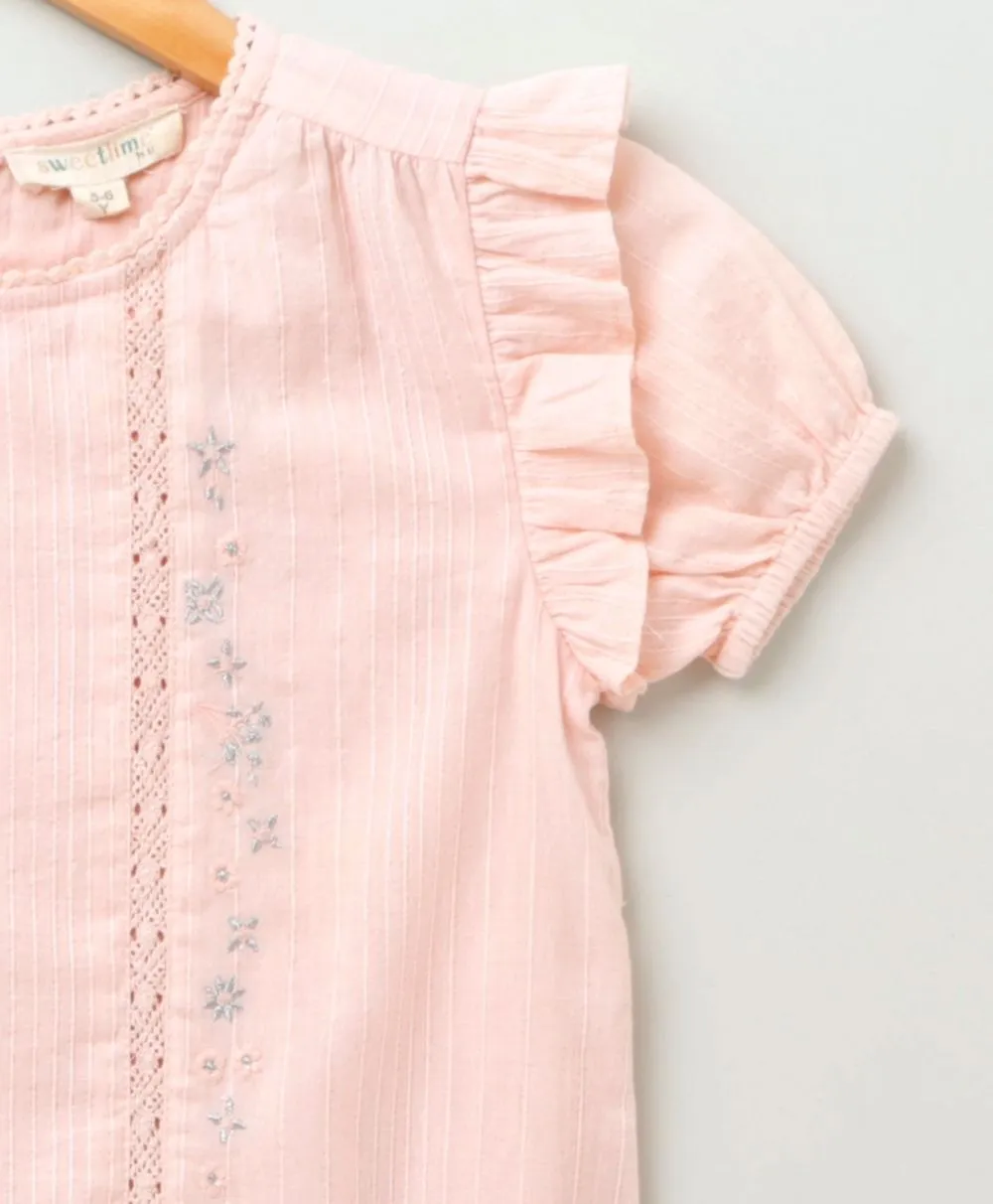 Sweetlime by AS Cotton Lurex Stripe With Lurex Floral Embroidery Top - Baby Pink