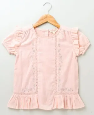 Sweetlime by AS Cotton Lurex Stripe With Lurex Floral Embroidery Top - Baby Pink