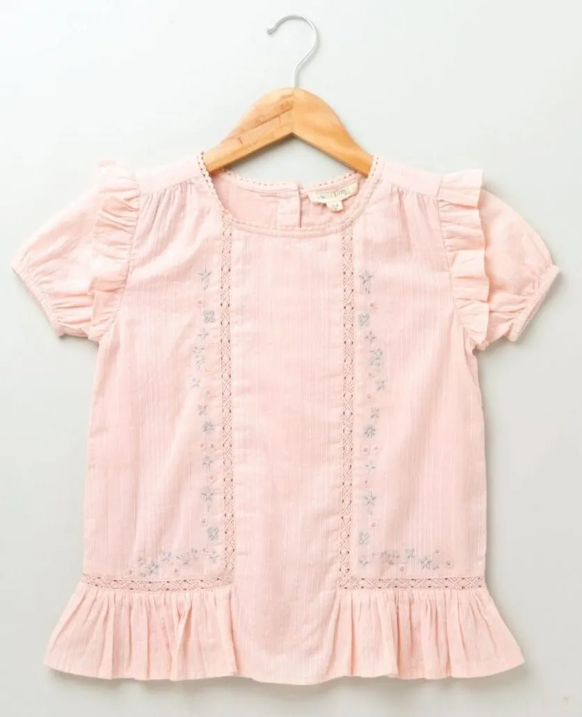 Sweetlime by AS Cotton Lurex Stripe With Lurex Floral Embroidery Top - Baby Pink