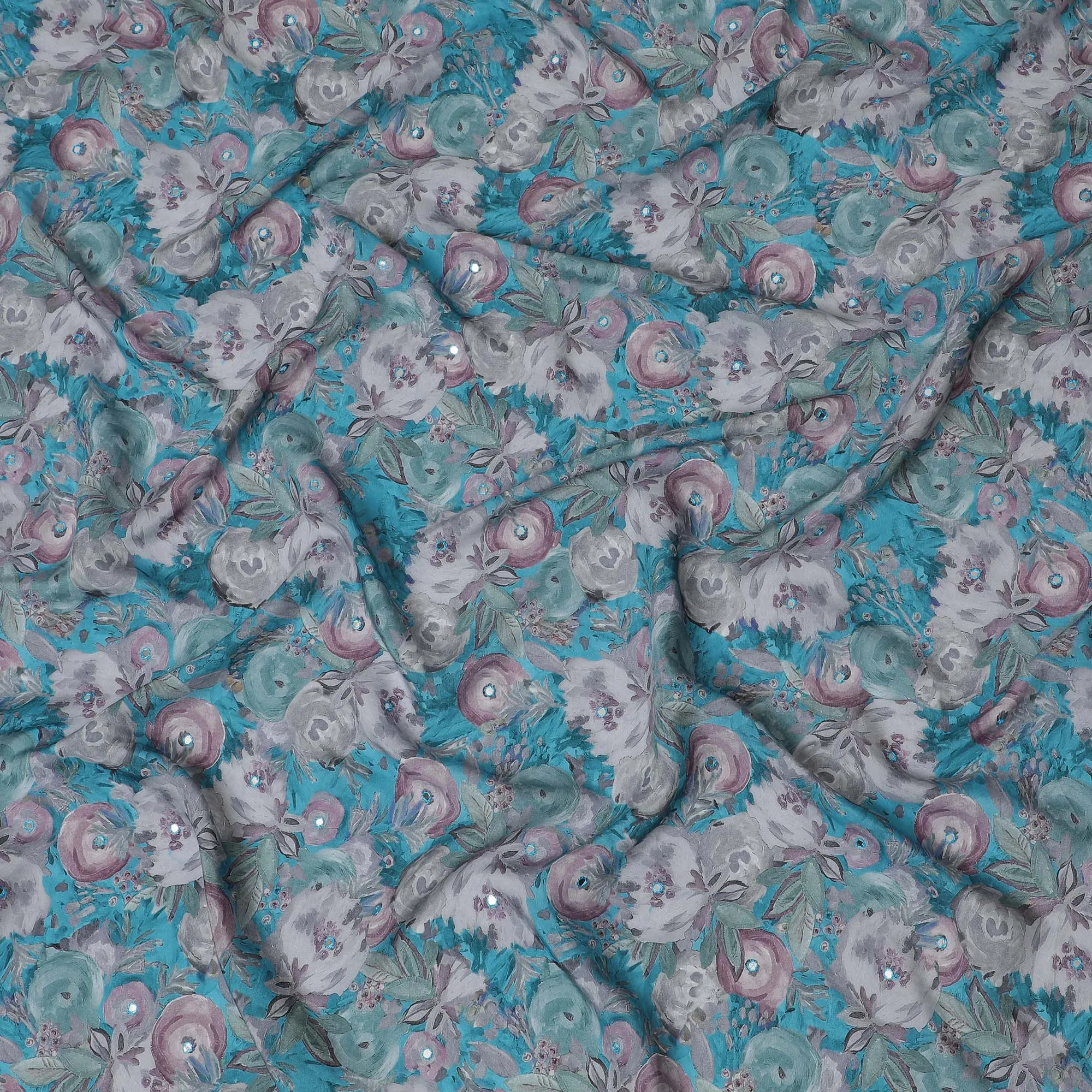 Teal and Grey Floral Viscose Crepe Printed Fabric - 110 cm Wide-D20015