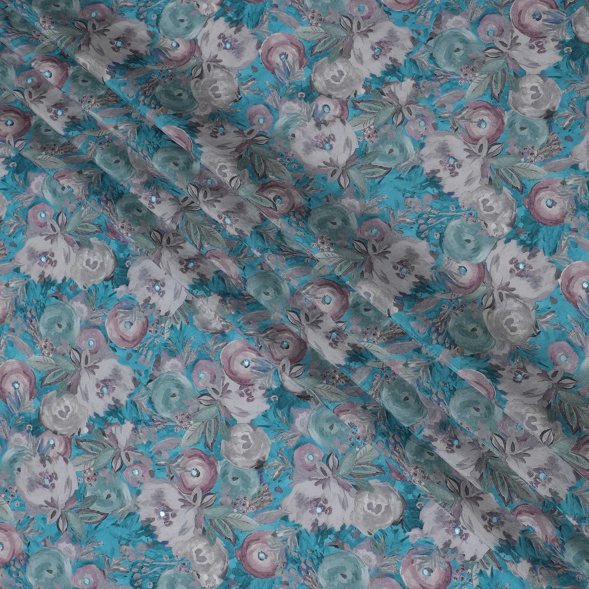 Teal and Grey Floral Viscose Crepe Printed Fabric - 110 cm Wide-D20015