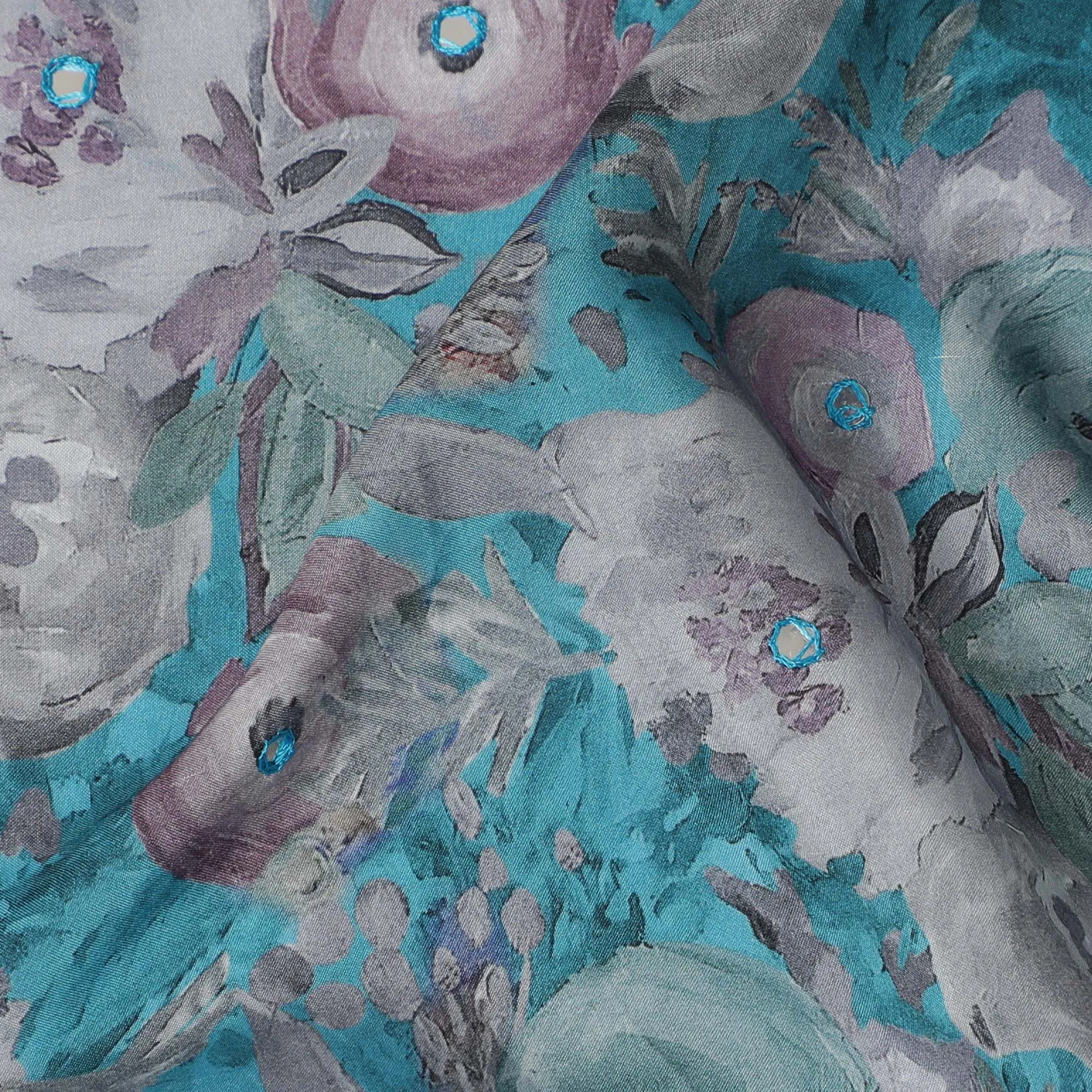 Teal and Grey Floral Viscose Crepe Printed Fabric - 110 cm Wide-D20015