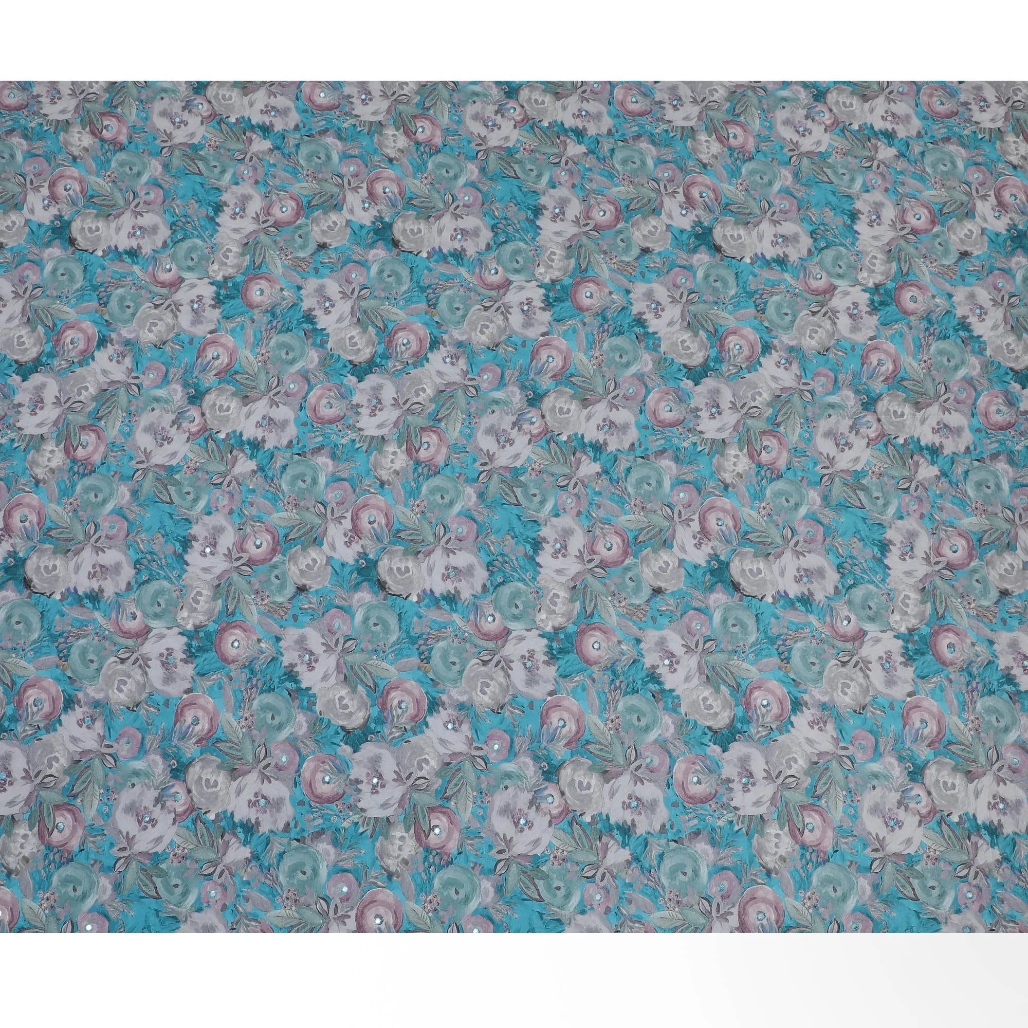 Teal and Grey Floral Viscose Crepe Printed Fabric - 110 cm Wide-D20015