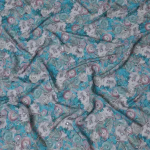 Teal and Grey Floral Viscose Crepe Printed Fabric - 110 cm Wide-D20015