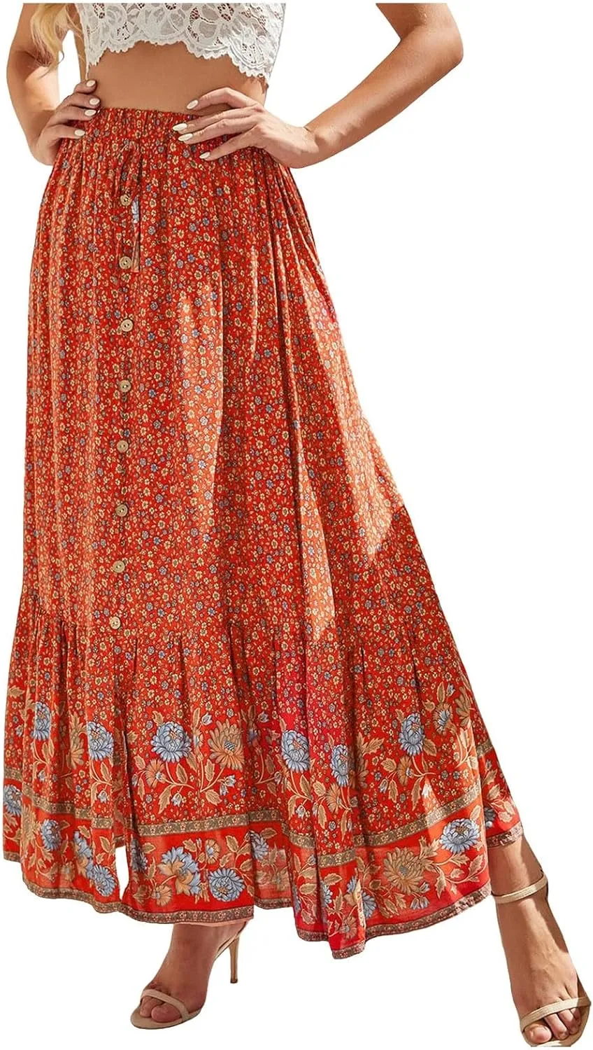 Woman Skirt Womens Boho Floral Maxi Skirt High Waisted Long Skirt Fashion Print Casual Lace Button Girls Tutu