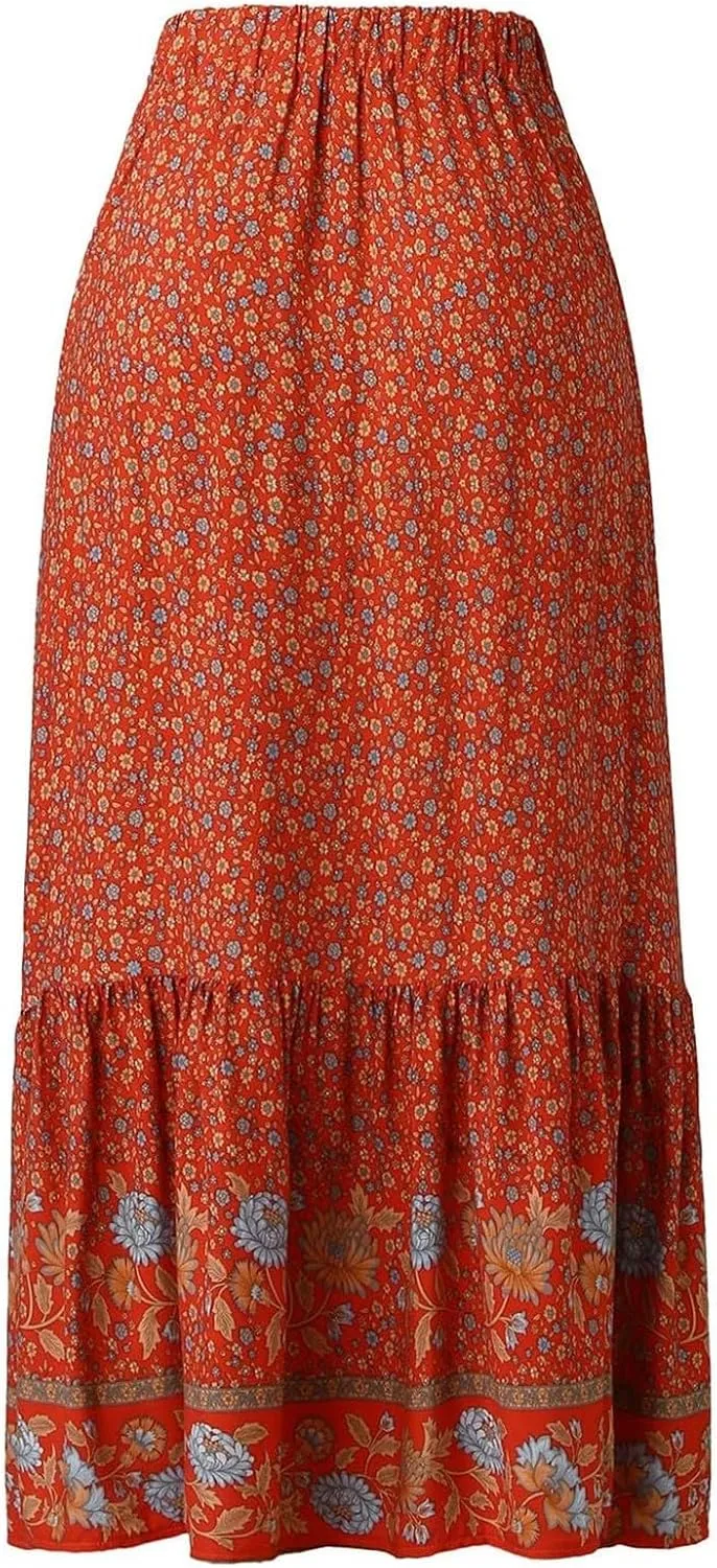 Woman Skirt Womens Boho Floral Maxi Skirt High Waisted Long Skirt Fashion Print Casual Lace Button Girls Tutu