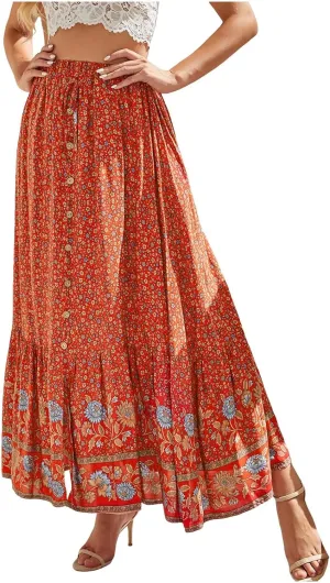 Woman Skirt Womens Boho Floral Maxi Skirt High Waisted Long Skirt Fashion Print Casual Lace Button Girls Tutu