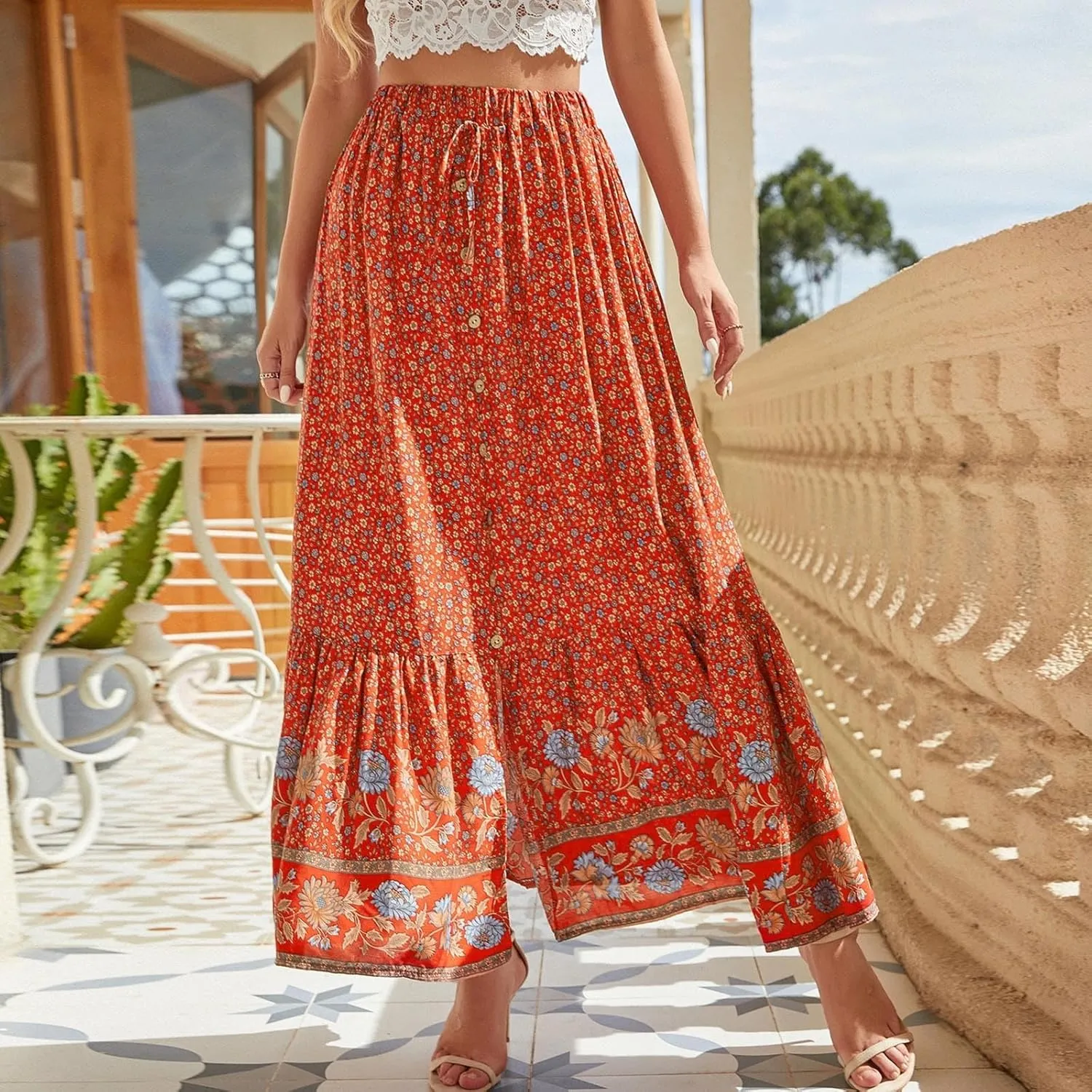 Woman Skirt Womens Boho Floral Maxi Skirt High Waisted Long Skirt Fashion Print Casual Lace Button Girls Tutu