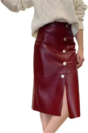 Women Retro Split Leather Skirt Solid Knee-Length Pencil Skirt Strecth Slim Midi Skirt