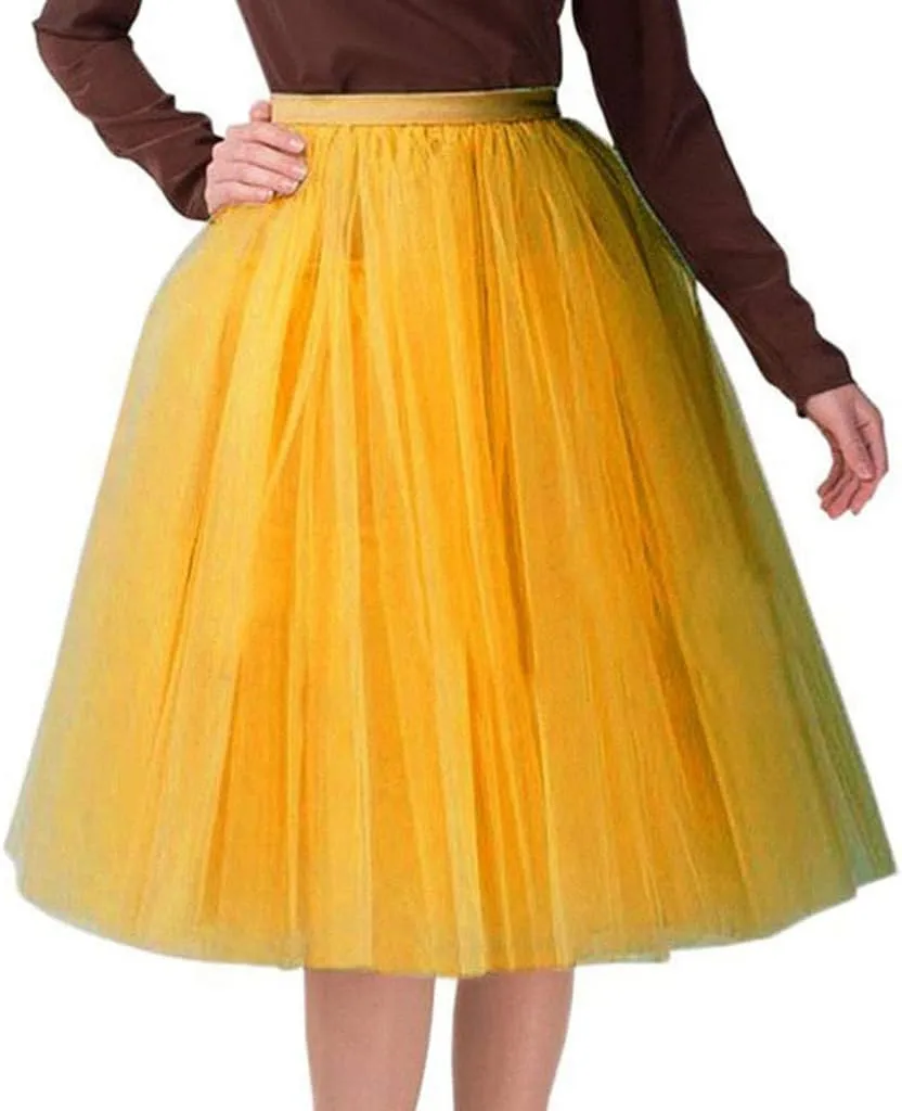 Womens Casual High Waisted Skirts Fashion Solid Versatile A Line Fairy Skirt Prom Party Knee Length Skirt Tutu Skirt