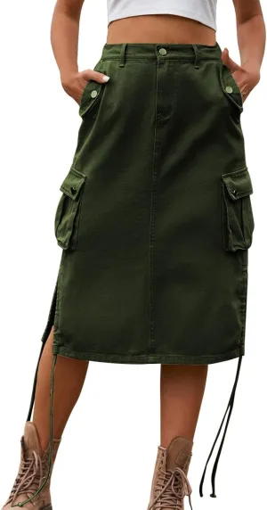 Women's Denim lace up Tooling Skirt Casual mid Length Skirt Pencil Skirts for Women Knee Length Long Skirts (b-Green, L)