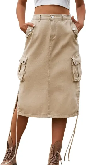 Women's Denim lace up Tooling Skirt Casual mid Length Skirt Pencil Skirts for Women Plus Size Midi Skirts (Khaki-1, XXL)
