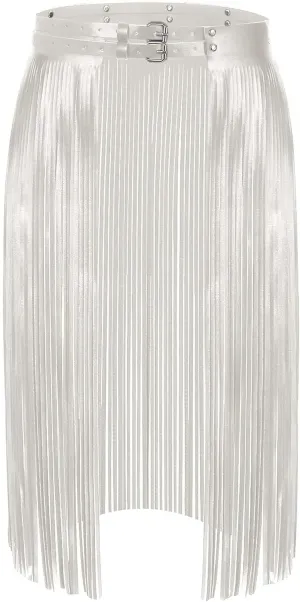 Womens Faux Leather Skirts 2025 Carnival Rave Party Tassel Skirt Sexy Studded Fringe Hem Solid Bodycon Skirts with Belt
