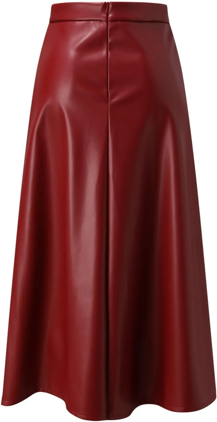 Womens Faux Leather Skirts Casual High Waist Midi Skirt Fashion Slim A Line Pleated Skirt Fall Warm Knee Length Skirt