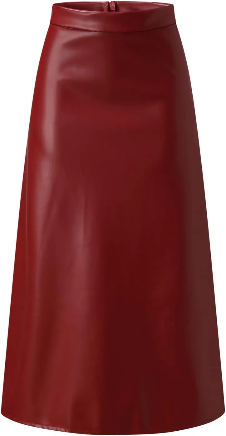 Womens Faux Leather Skirts Casual High Waist Midi Skirt Fashion Slim A Line Pleated Skirt Fall Warm Knee Length Skirt