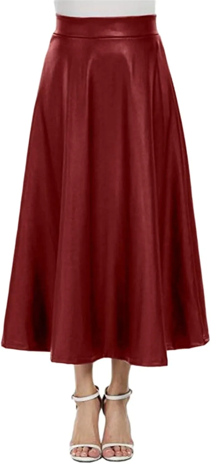 Womens Faux Leather Skirts Casual High Waist Midi Skirt Fashion Slim A Line Pleated Skirt Fall Warm Knee Length Skirt