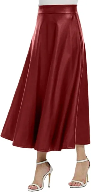 Womens Faux Leather Skirts Casual High Waist Midi Skirt Fashion Slim A Line Pleated Skirt Fall Warm Knee Length Skirt