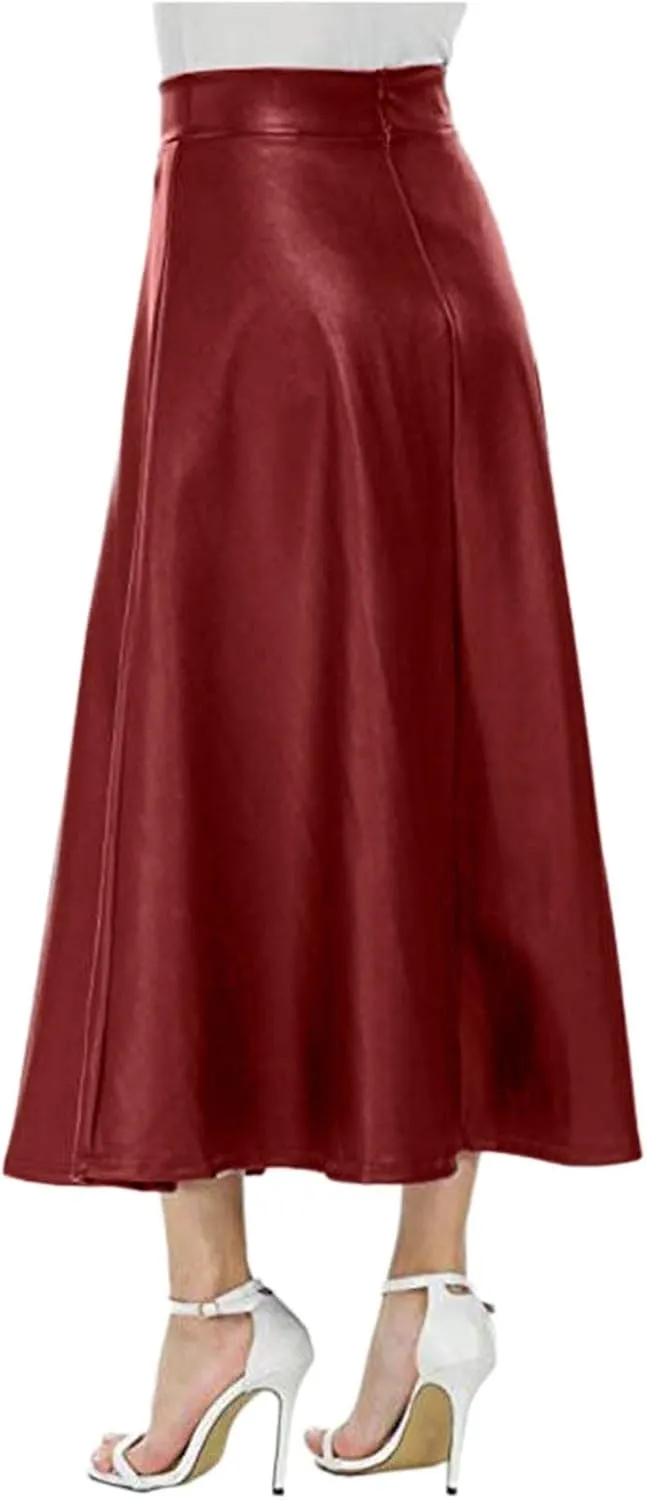 Womens Faux Leather Skirts Casual High Waist Midi Skirt Fashion Slim A Line Pleated Skirt Fall Warm Knee Length Skirt