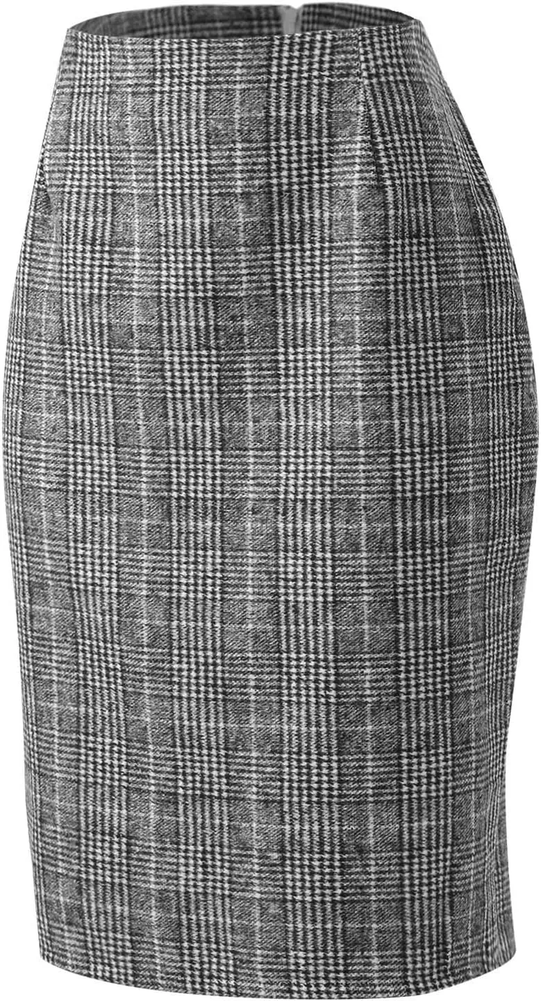 Womens Knee Length Plaid Skirts Elastic Waist Stretchy Bodycon Business Tweed Pencil Skirt