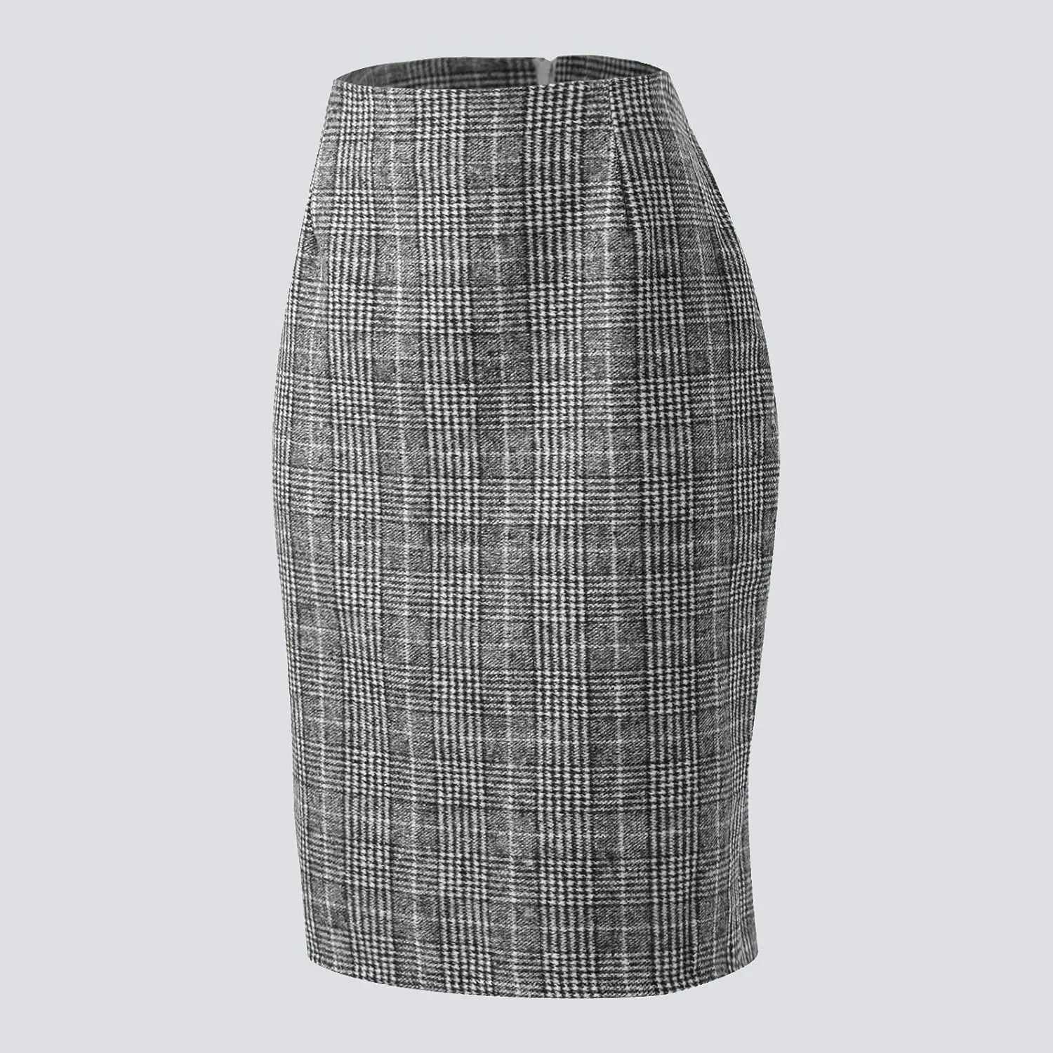 Womens Knee Length Plaid Skirts Elastic Waist Stretchy Bodycon Business Tweed Pencil Skirt