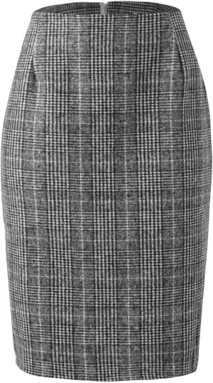 Womens Knee Length Plaid Skirts Elastic Waist Stretchy Bodycon Business Tweed Pencil Skirt