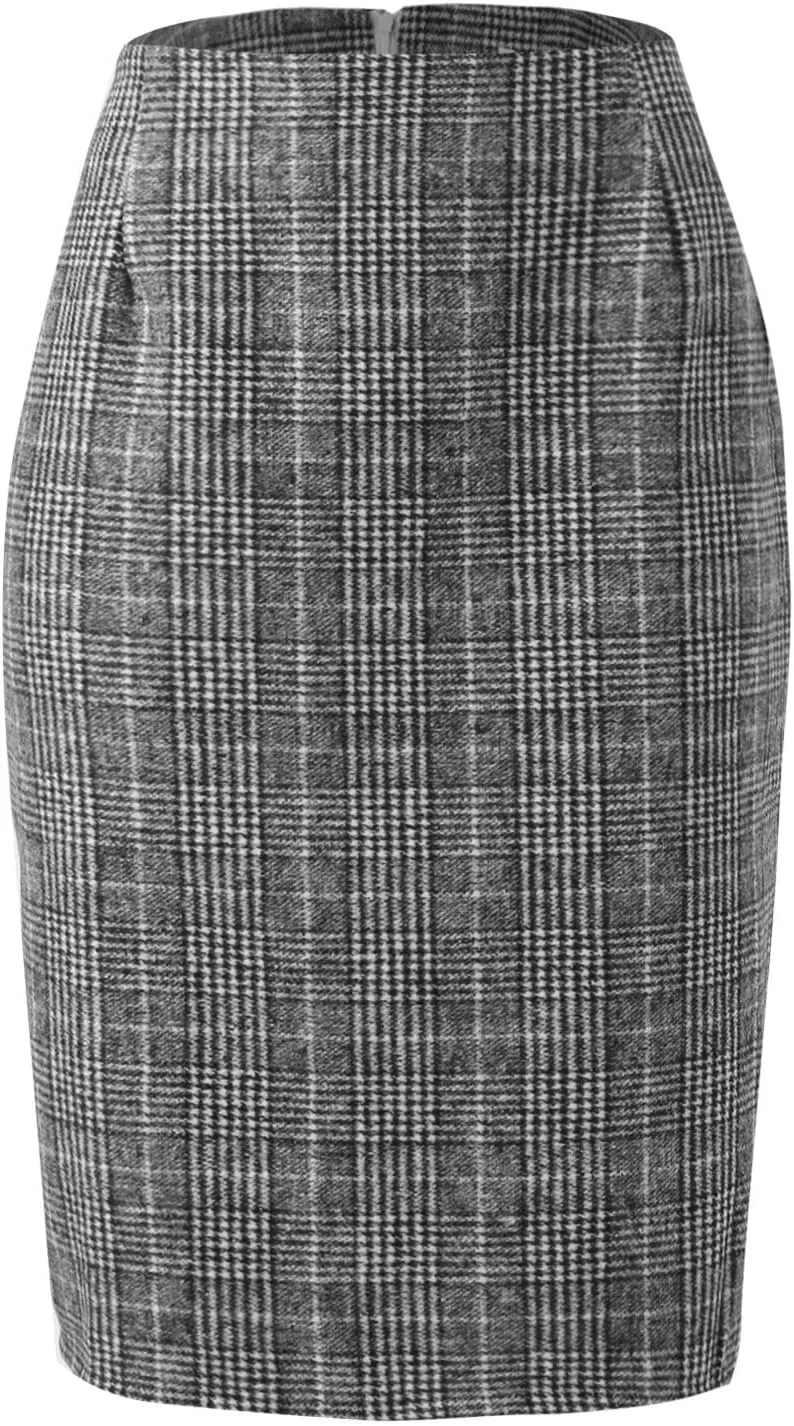 Womens Knee Length Plaid Skirts Elastic Waist Stretchy Bodycon Business Tweed Pencil Skirt