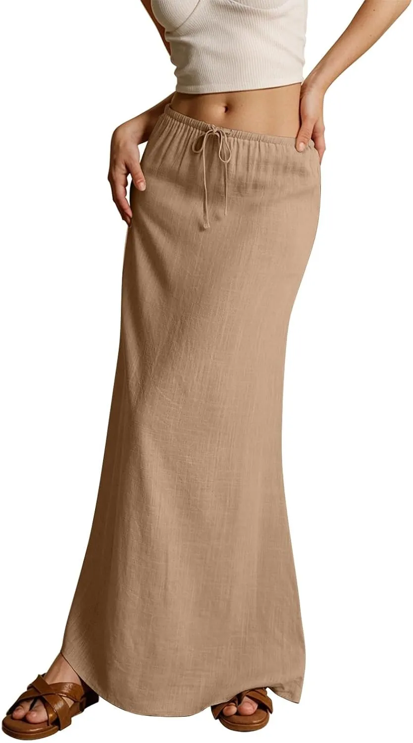 Womens Linen Maxi Skirt Drawstring Waist A Line Long Flowy Floor Length Trendy Comfy Summer Beach Vacation