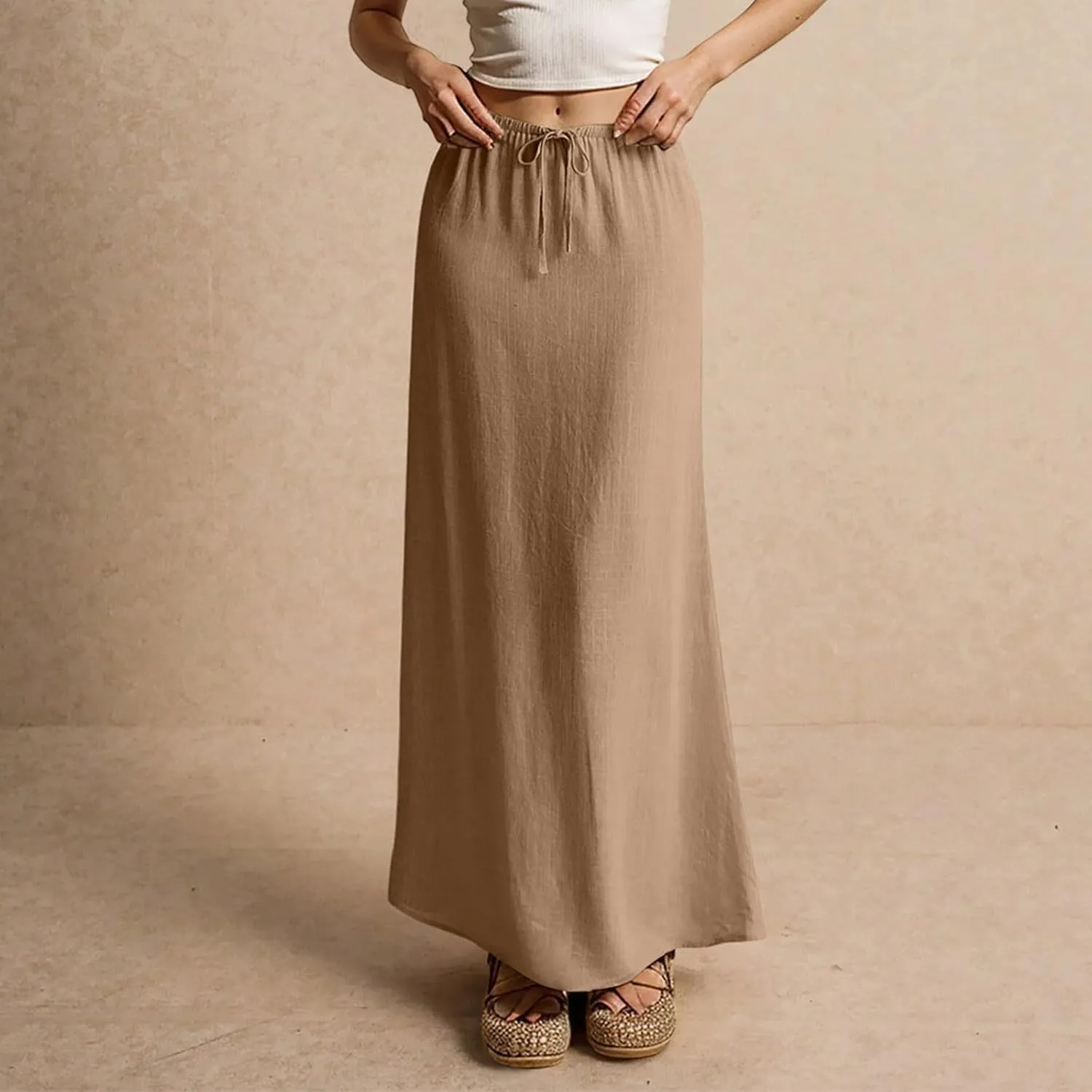 Womens Linen Maxi Skirt Drawstring Waist A Line Long Flowy Floor Length Trendy Comfy Summer Beach Vacation