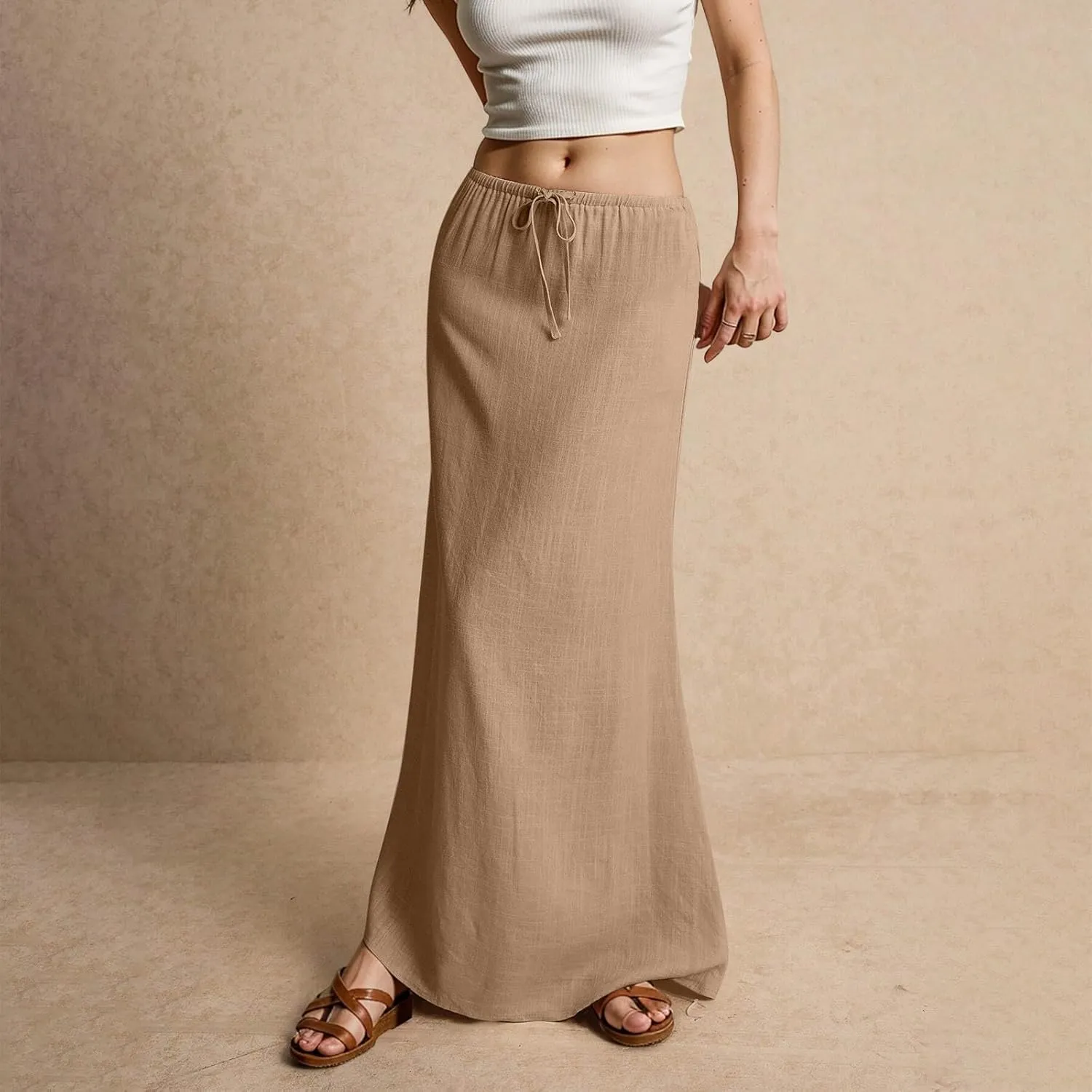 Womens Linen Maxi Skirt Drawstring Waist A Line Long Flowy Floor Length Trendy Comfy Summer Beach Vacation
