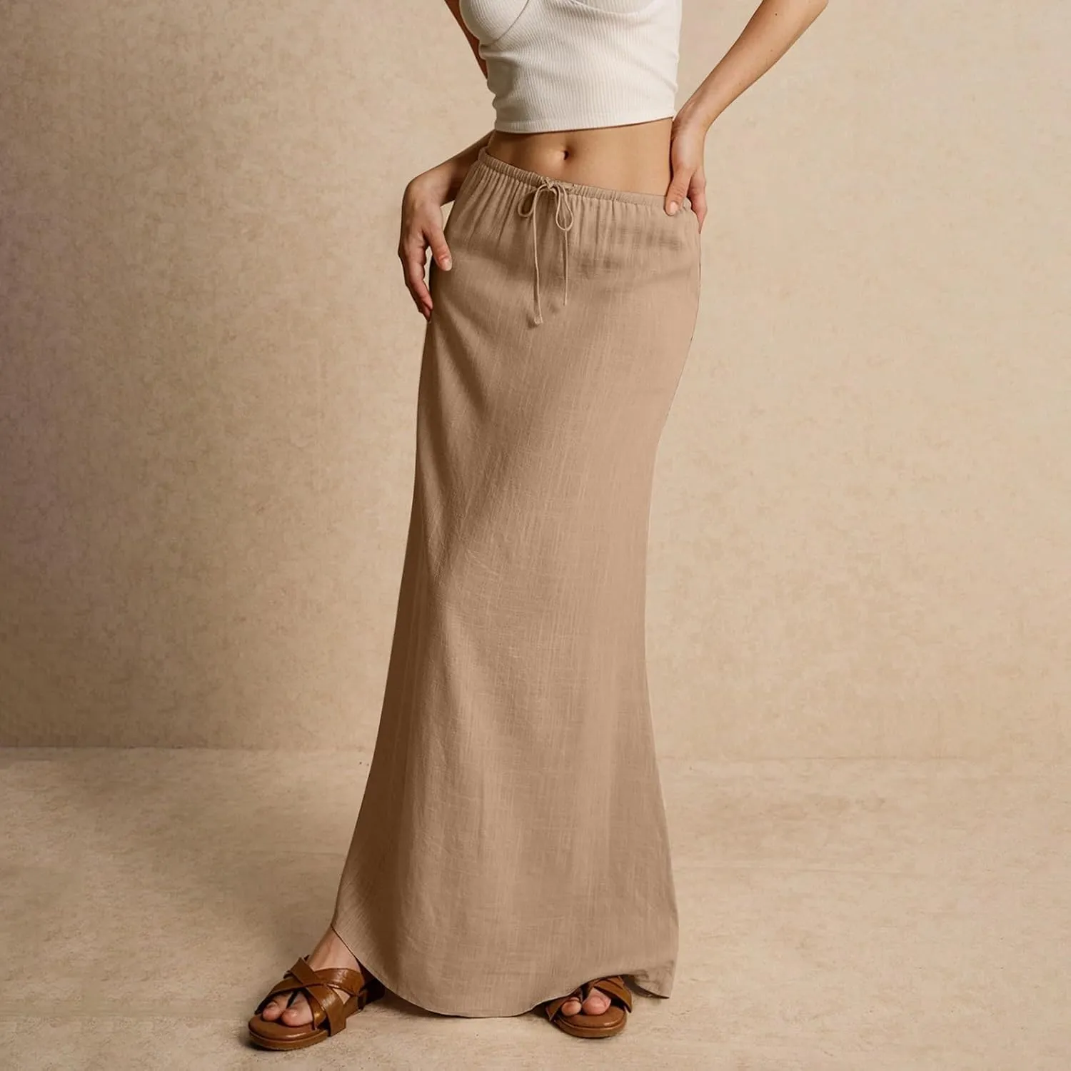 Womens Linen Maxi Skirt Drawstring Waist A Line Long Flowy Floor Length Trendy Comfy Summer Beach Vacation