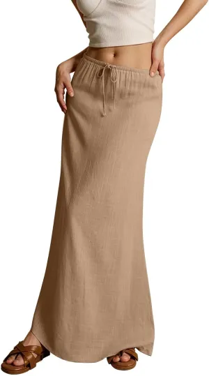 Womens Linen Maxi Skirt Drawstring Waist A Line Long Flowy Floor Length Trendy Comfy Summer Beach Vacation