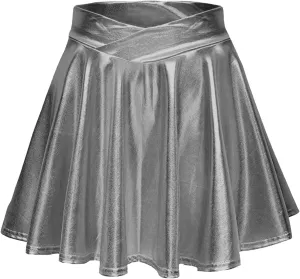 Womens Metallic Skirt Rave Carnival Shiny Flared High Waist Mini Holographic Pleated Skirts for Women
