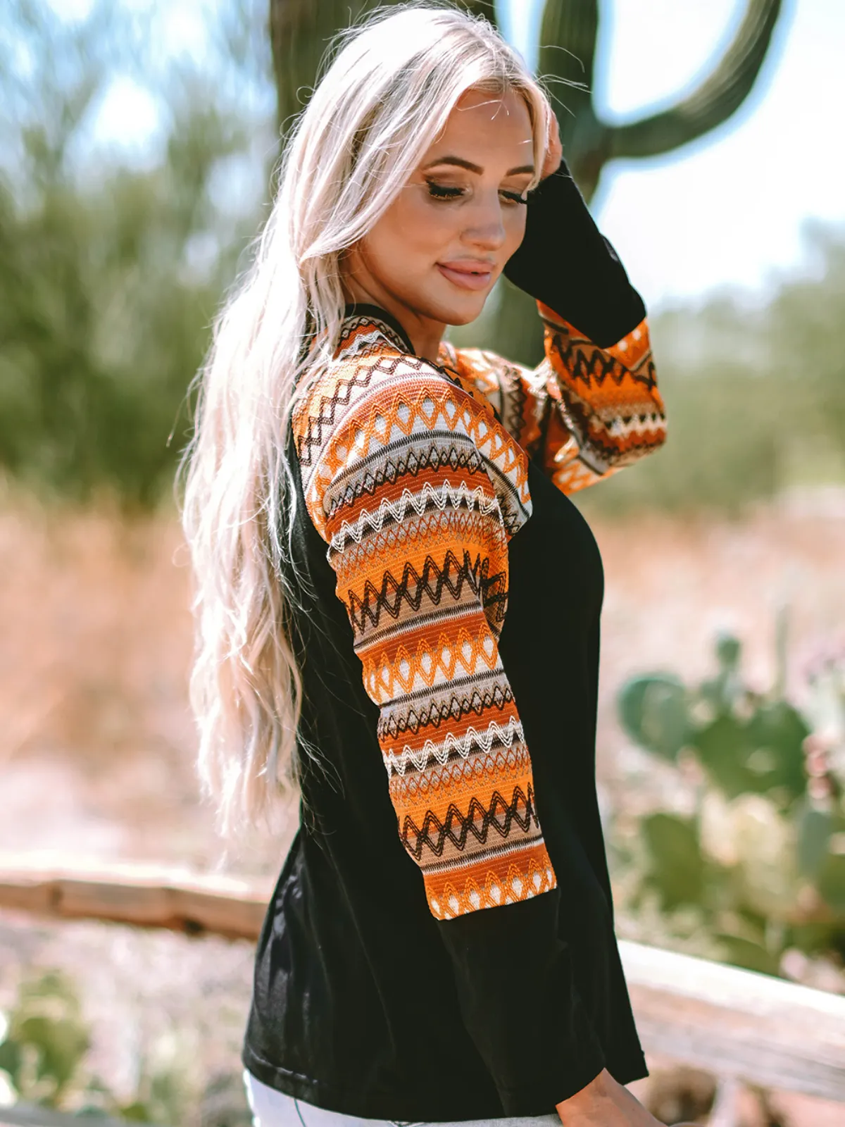 Womens Orange Geo Print Raglan Patchwork Long Sleeve Tee
