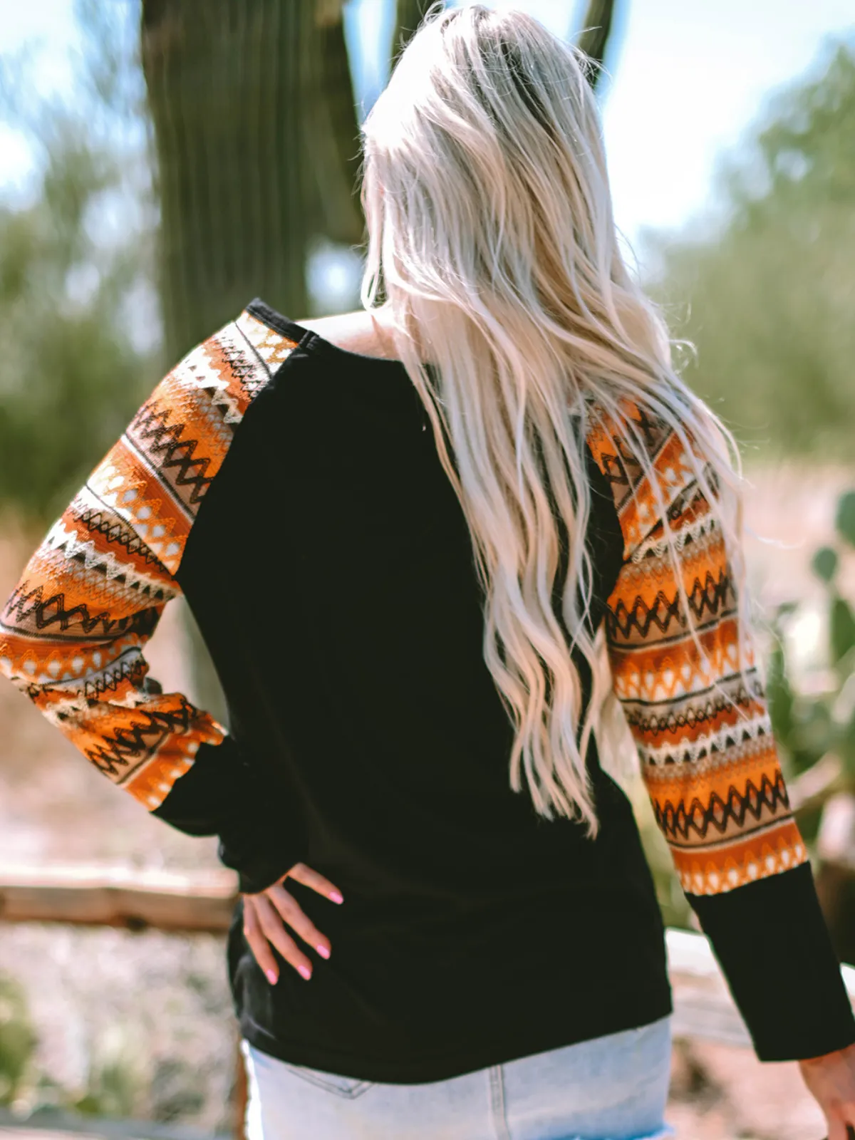 Womens Orange Geo Print Raglan Patchwork Long Sleeve Tee