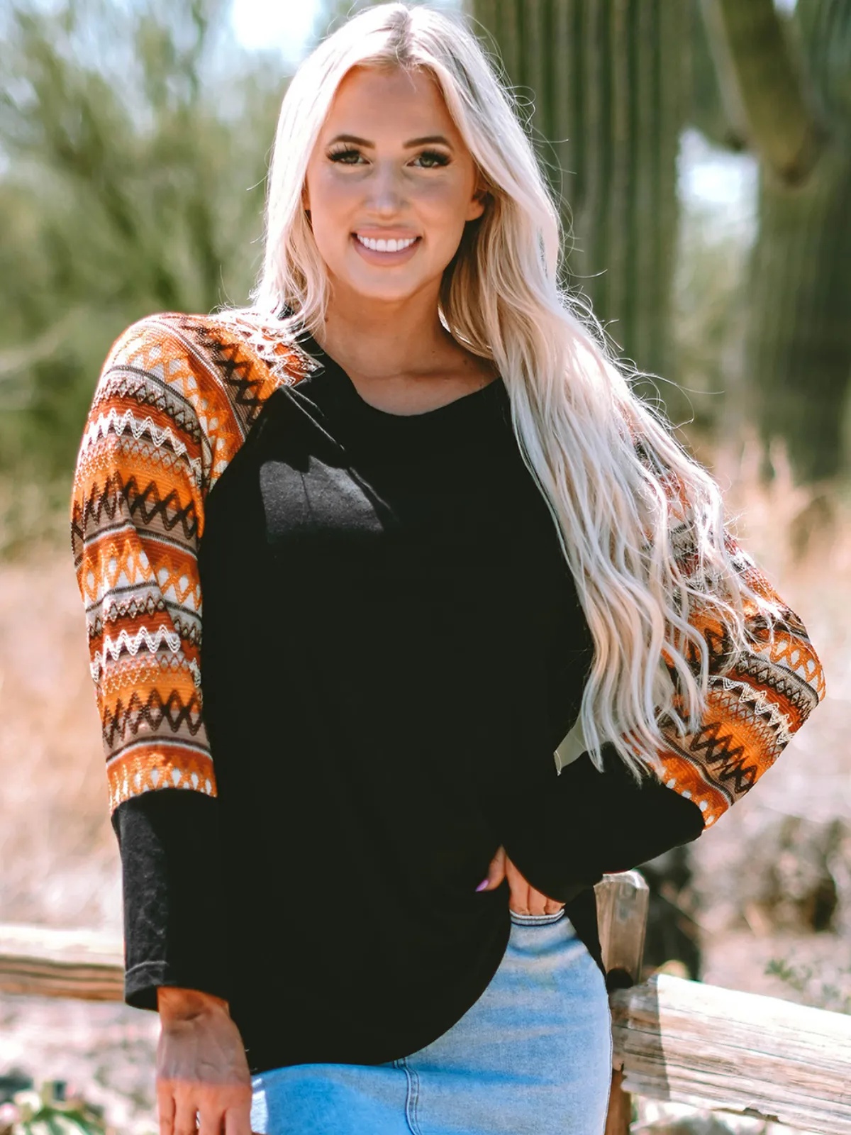 Womens Orange Geo Print Raglan Patchwork Long Sleeve Tee